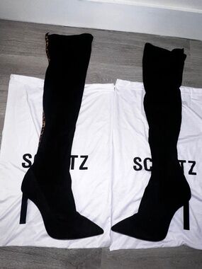 OTK SCHUTZ BLACK SUEDE LIKE STRETCHY PONTED TOE 4+ inch heel. 9.5